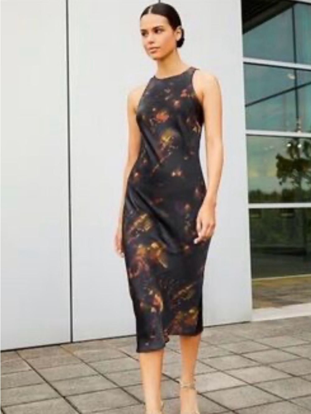 Gianni Bini Black Midi Dress with Orange and Gold Floral Accents